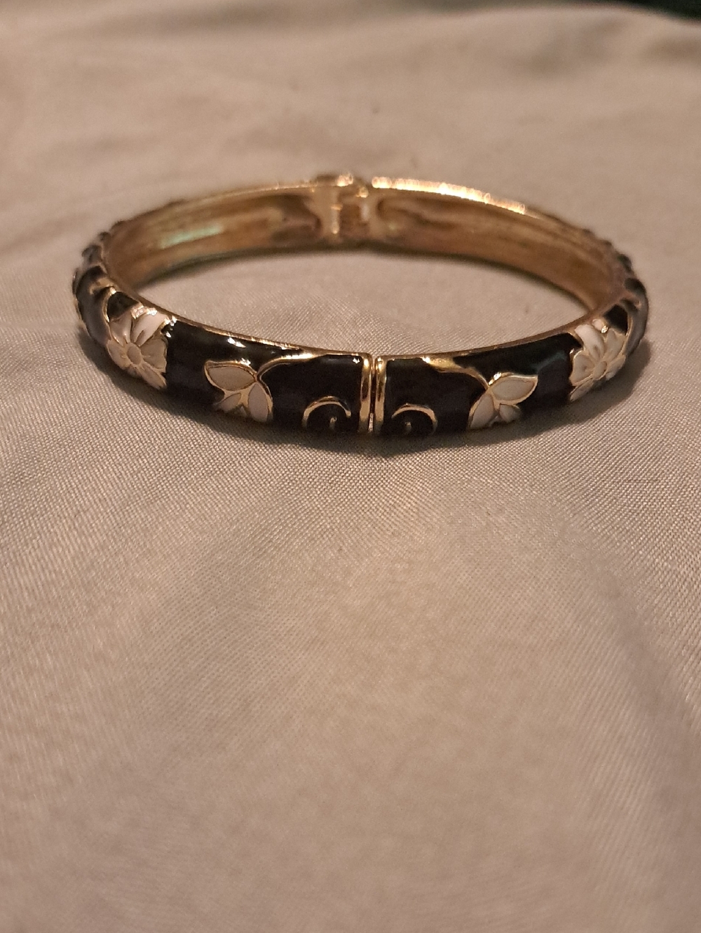 Gold-Tone Black Floral Enamel Hinged Bangle Bracelet
